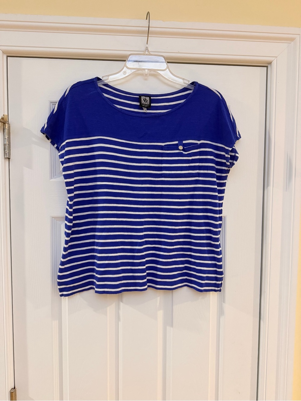 Ladies Size Small "Anne Klein" Royal Blue & White Striped Short Sleeve Top GUC